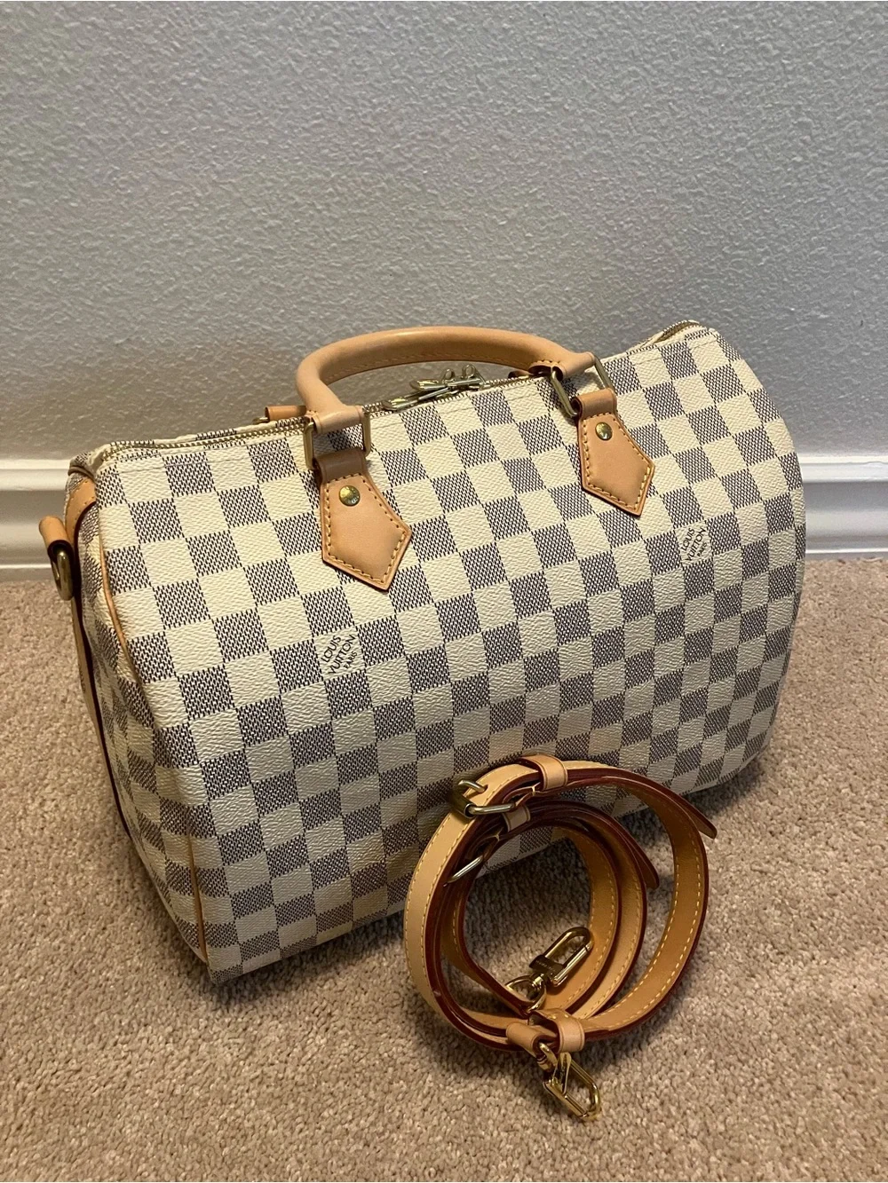 AUTH Louis Vuitton Speedy Bandoulière 30 Damier Azur w/ Strap Lock Key Dust Bag - Picture 1 of 10